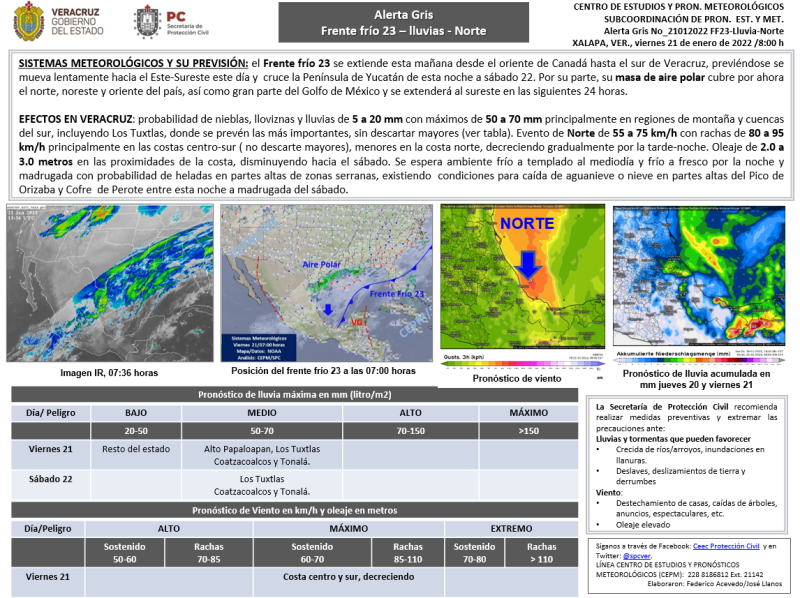 Población veracruzana: Alerta Gris por Frente frío 23-Lluvia-Norte.