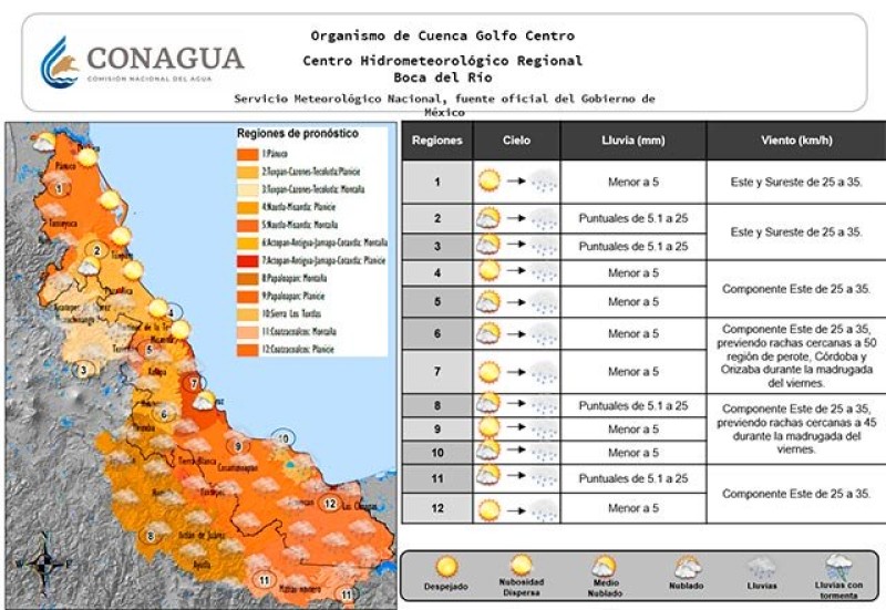 Se espera ‘surada’ este jueves en Perote, Orizaba y cuenca baja del río Coatza