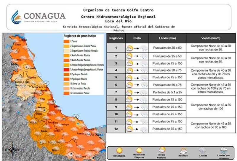 Frente frío 22 provocará lluvias en la zona Sur y disminución de temperaturas en el Estado